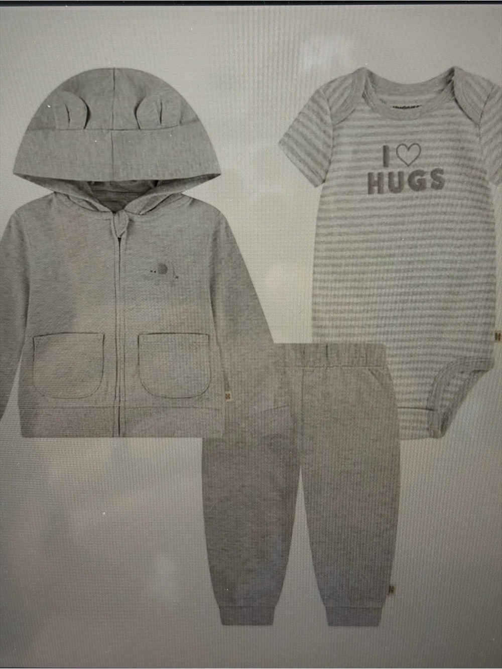 Gray Baby Hoodie, Bodysuit & Pants Set - I ♥ Hugs